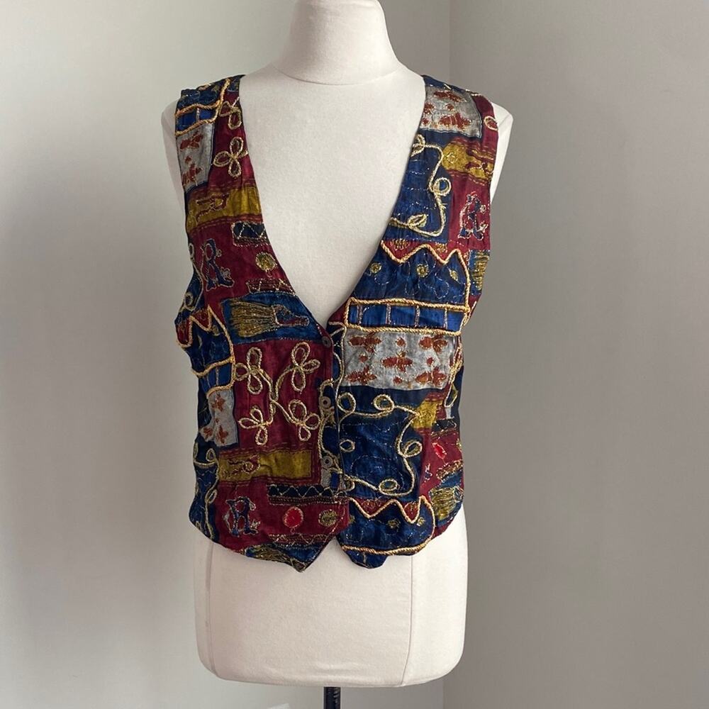 Vintage Jane Ashley 80s Tapestry Vest Womens Sz Medium Button Closure Red Gold